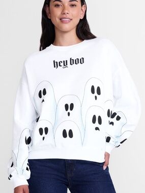 Hey Boo Women’s White Long Sleeve Graphic Sweatshirt Size XL NWT
